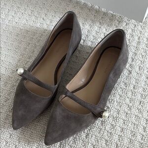 Ann Taylor Gray Suede Women's Mary Jane Flat with Pearl Accent